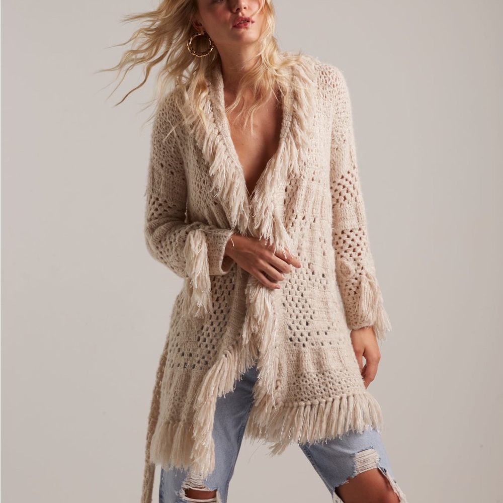 Andrea Almeida Violete crochet fringed cardigan coat